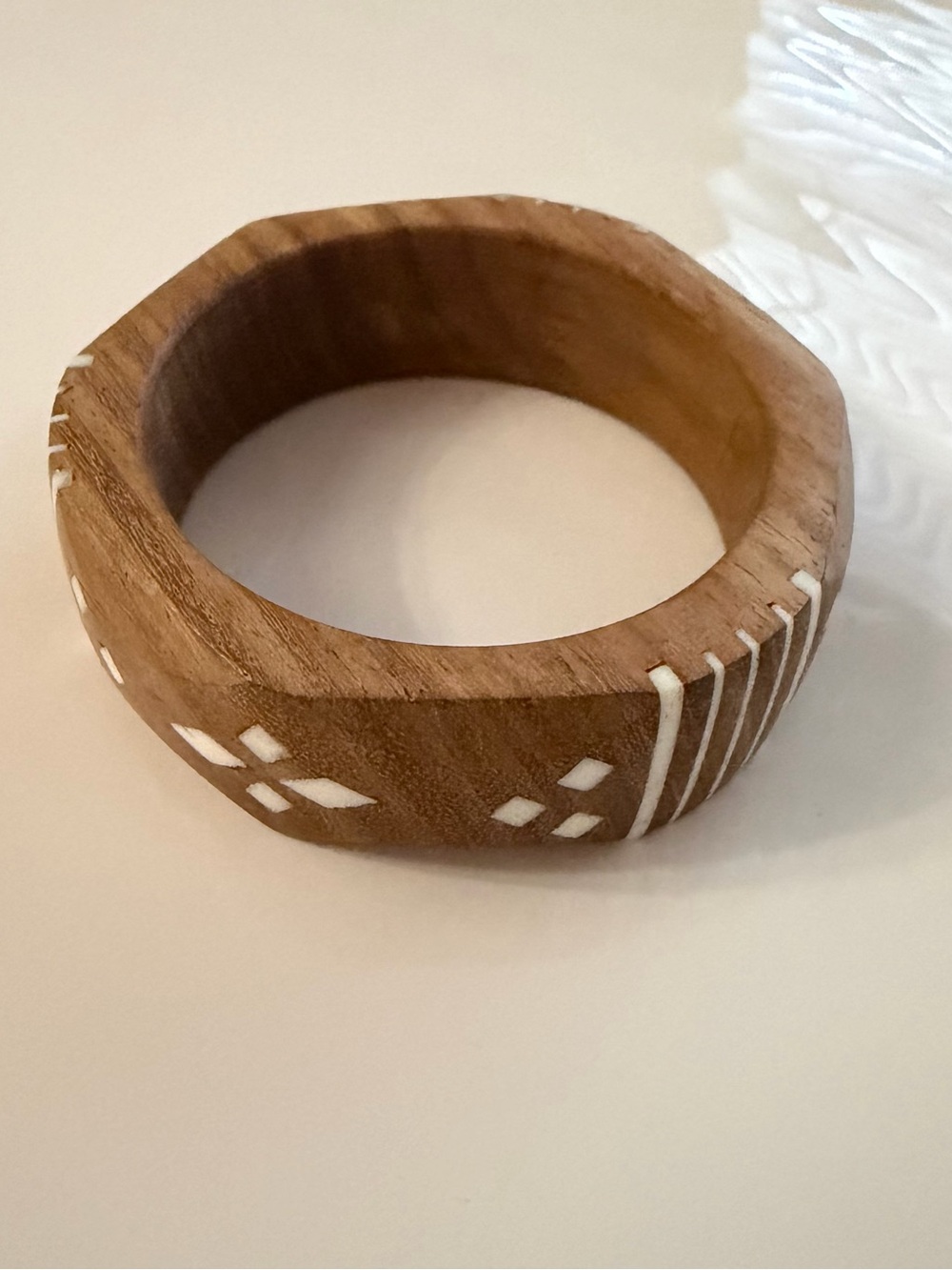 Vintage Faceted Wood & Bone Inlay Geometric Bangle Boho